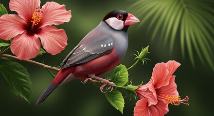 Java Finch Perching on a Hibiscus Branch in Tropical Setting