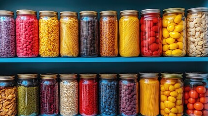 Colorful jars filled with various types of food items neatly arranged on a shelf in a kitchen