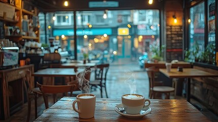 Cozy caf? scene with steaming coffee cups on a wooden table, vibrant street life visible outside
