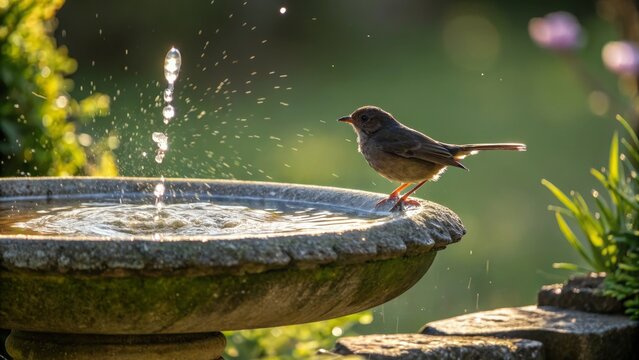 Backlit Bird at Birdbath Splashing Water, Stone Composition