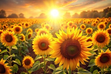 Fototapeta premium rows of bright yellow sunflowers stretching across a field basking in the warm sunlight and exuding cheerfulness and positivity