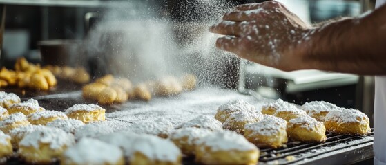 A baker's hand gracefully dusts powdered sugar over freshly baked pastries, enhancing their appeal and sweetness under warm kitchen lights.