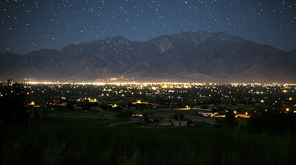Night city lights, mountain range, starry sky. Travel photography
