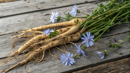 Obraz premium Chicory Roots and Blossoms Rustic Still Life