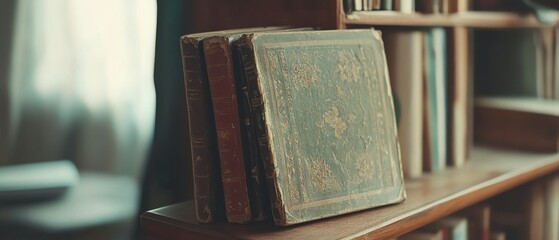 Obraz premium A collection of old, weathered books with ornate covers line a shelf, set against the soft glow of a sunlit room.