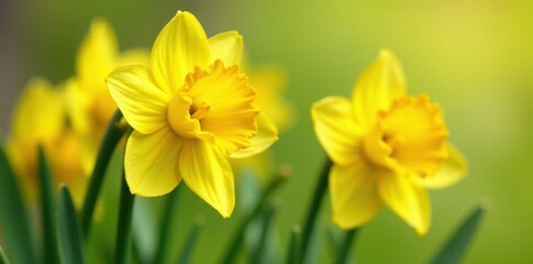 Obraz premium Close-up of daffodils, sunny yellow petals, green stems , colorful, garden