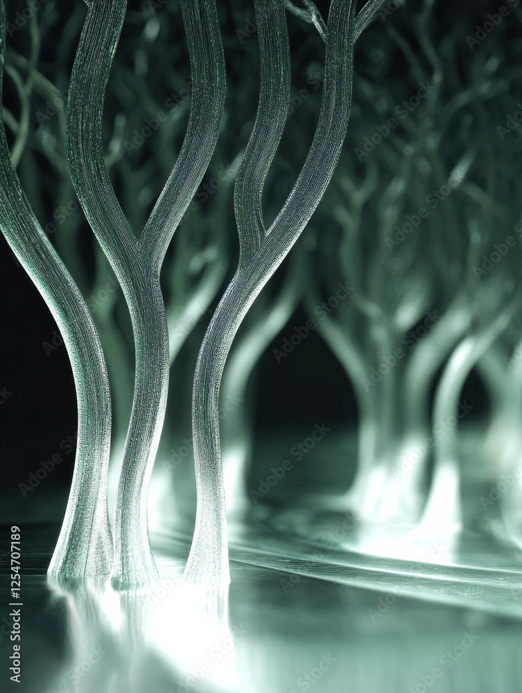 Leinwandbilder Glowing reflections illuminate abstract glass trees in a mystical forest environment at dusk. Generative AI