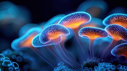 Microscopic ocean life microscopic concept. Vibrant jellyfish illuminated in blue and orange colors, showcasing underwater beauty.