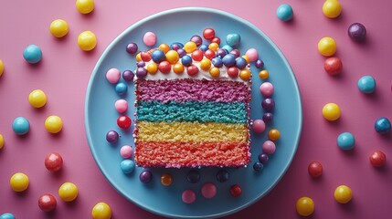 Colorful layered cake with vibrant icing and candy decorations on a pastel background