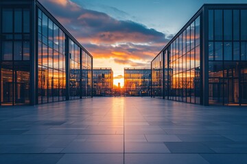 Fototapeta premium Modern glass buildings reflect a vibrant sunset sky on a wide paved area at dusk