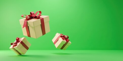Gift boxes with ribbons float in mid-air against a vibrant green backdrop , celebratory, floating