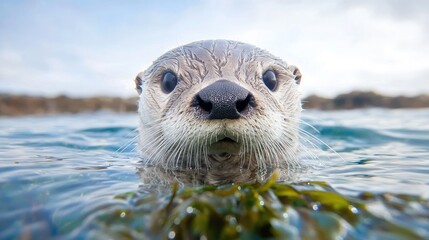Curious otter swimming in ocean, kelp background