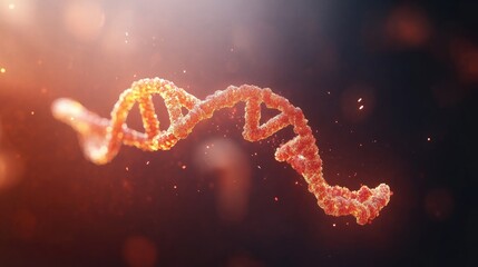 Abstract representation of a DNA strand illuminated by glowing particles in a dark background