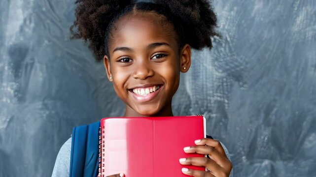 Smiling young girl with a blue backpack holding a red notebook, standing against a textured grey background, expressing happiness and readiness for school.