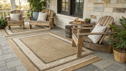 Fototapeta premium Rustic Porch Two Adirondack Chairs, Neutral Rugs, Geometric Design