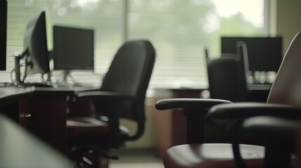 Empty office desk with vacant chairs and monitors, symbolizing layoffs and workplace downsizing. Concept of job loss, corporate restructuring, and economic uncertainty in modern business environment.