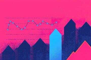 A vibrant illustration of a data visualization featuring rising graphs and bars on a pink background, representing growth and analytics.