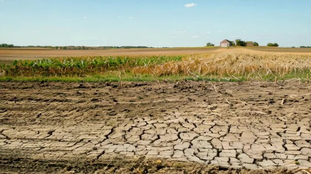 Cracked dry earth with withered crops in a farm field under a clear blue sky in a rural area. ai