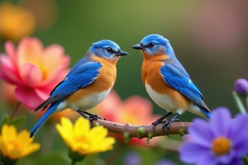 Pair of Eastern Bluebirds perched amidst colorful spring blooms , wildlife photography, flowers