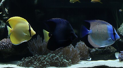 Obraz premium Aquarium fish, swimming, coral reef, dark background. Use for educational or nature resources