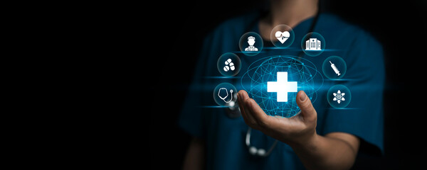 Medical insurance, medicine concept. Digital healthcare and network connection, Doctor touching icons displayed on a virtual screen, online health, medical technology and futuristic concept.