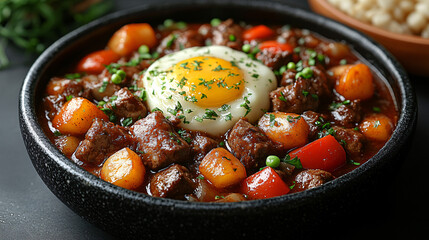 Traditional Filipino adobo savory braised pork chicken rich flavors cuisine spices classic dish rice garlic soy sauce vinegar slow cooked comfort food photography top view presentation meal chef