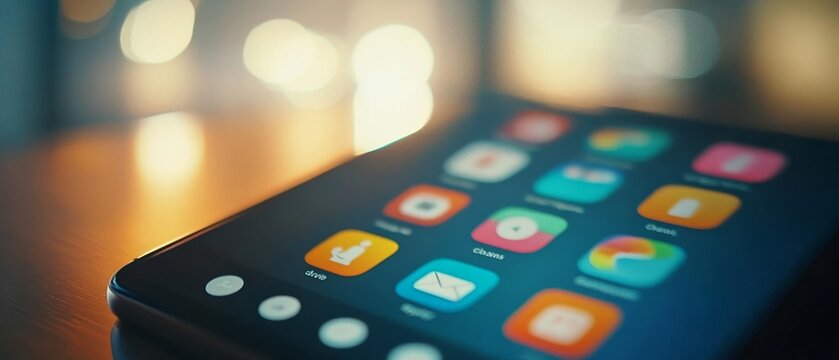 Close-up of a smartphone with colorful app icons glowing under warm light, suggesting modern technology and communication.