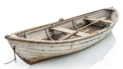 Weathered Wooden Rowboat Single Oar, Whitewashed Hull, Coastal Concept