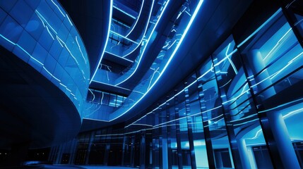 Fototapeta premium Futuristic office building glowing at night with cool blue tones and modern design.