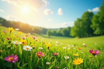 Fototapeta premium Sun-drenched meadow with wildflowers, vibrant green grass, rural, sky