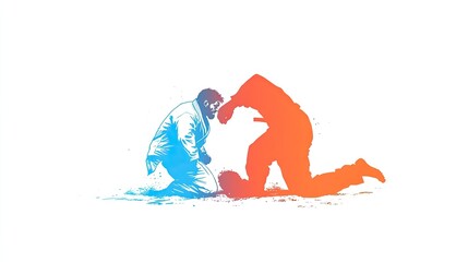 Dynamic illustration of two fighters engaged in a martial arts match on a minimalistic background