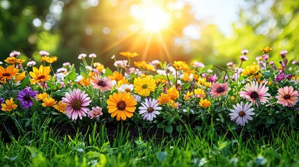 Vibrant flower garden in sunlight with various blooms and lush green grass, peaceful atmosphere