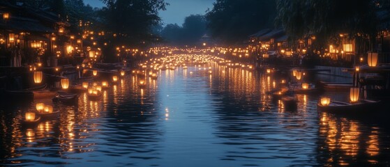 Floating lanterns illuminate a serene river at dusk, creating a magical, tranquil ambiance in the peaceful evening landscape.