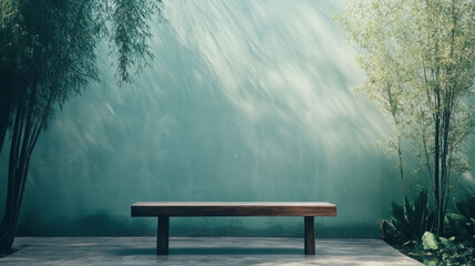 Fototapeta premium wooden bench in serene garden setting with bamboo and soft lighting