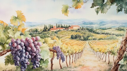 Watercolor wine vineyard scene natural grapevine beautiful scenic relaxing Italian french countryside illustration painting art beautiful scenic