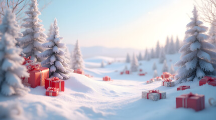 Snowy Christmas Landscape with Bright Red Gifts - Winter Holiday Scene with Snow Covered Trees and Christmas Presents