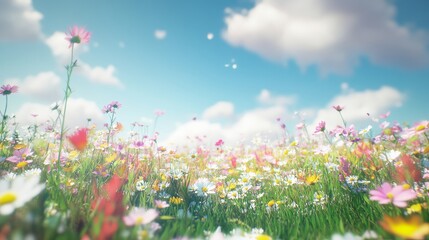 Obraz premium A beautiful spring flower field summer meadow. Natural colorful landscape with many wild flowers of daisies against blue sky. A frame with soft selective focus. Magical nature background blossom
