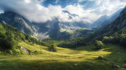 Fototapeta premium serene mountain valley with lush greenery and misty peaks