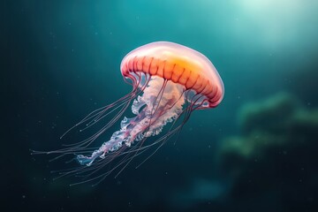 Fototapeta premium Colorful jellyfish gracefully swimming in clear ocean waters under soft sunlight