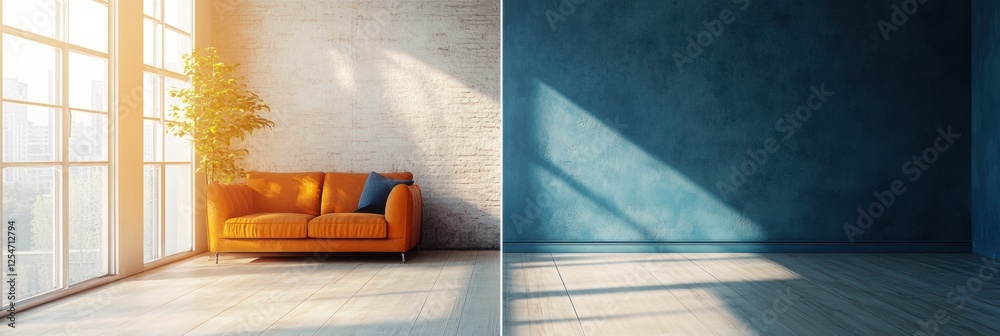 Poster contrast of old dark interiors and bright modern design in a renovated room showcasing different sty