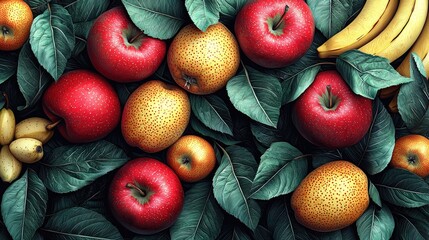Vibrant assortment of fresh fruits including apples, oranges, and bananas on lush green leaves