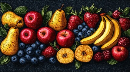 A vibrant arrangement of assorted fruits including apples, pears, strawberries, and bananas on a dark background