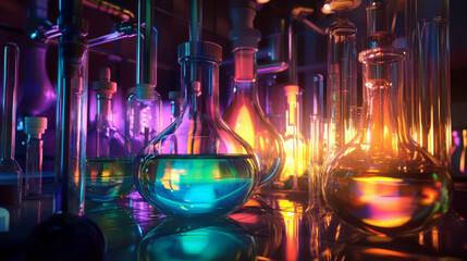 Colorful laboratory glassware with glowing liquids in science lab