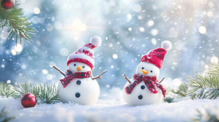 Two cheerful snowmen with red hats and scarves in snowy winter scene