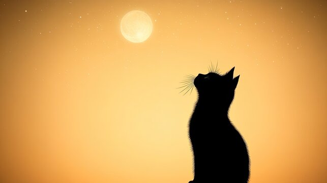 Silhouette of a cat gazing at a bright moon against a warm orange sky at dusk - Powered by Adobe