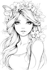 Fototapeta premium Antistress image of a beautiful girl with flowers. for adult and children's coloring books