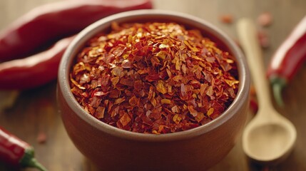 A bowl of red chili flakes surrounded by whole red chilies on a wooden surface.
