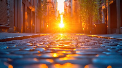 Sunset illuminating a cobblestone street in a serene urban setting with warm reflections