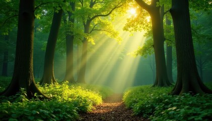 Golden sunlight streams through emerald canopy, dappling forest floor , mystical, sunlight