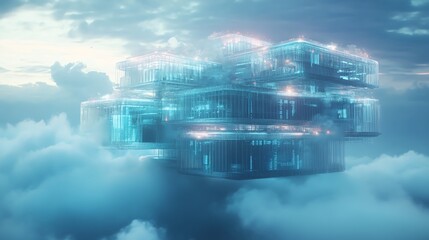 A futuristic corporate HQ floating in digital clouds, with glowing microservice nodes, transparent glass, and light-trail data streams. Hyperrealistic 8K detail, deep blues, and volumetric lighting